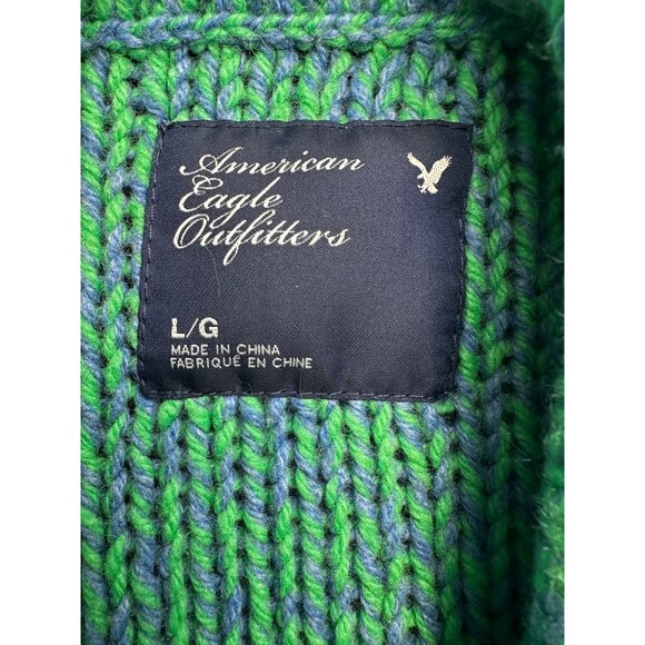 Vintage Y2K American Eagle Shawl Collar Sweater Large Marled Green Blue Grandpa - Picture 3 of 9